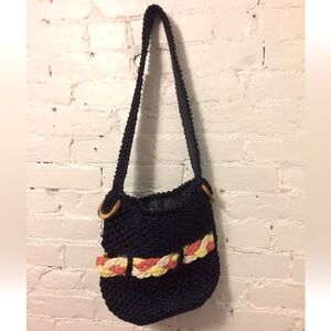 Vintage 70s Bobbie Jerome raffia shoulder bag black and yellow